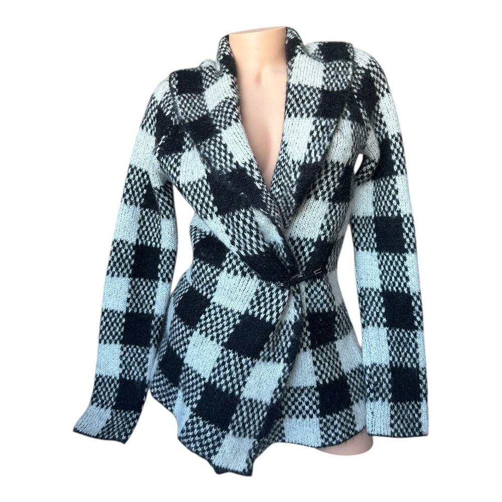Aspen Warm And Cozy Open Front Cardigan black /white Plaid knit sweater - MEDIUM